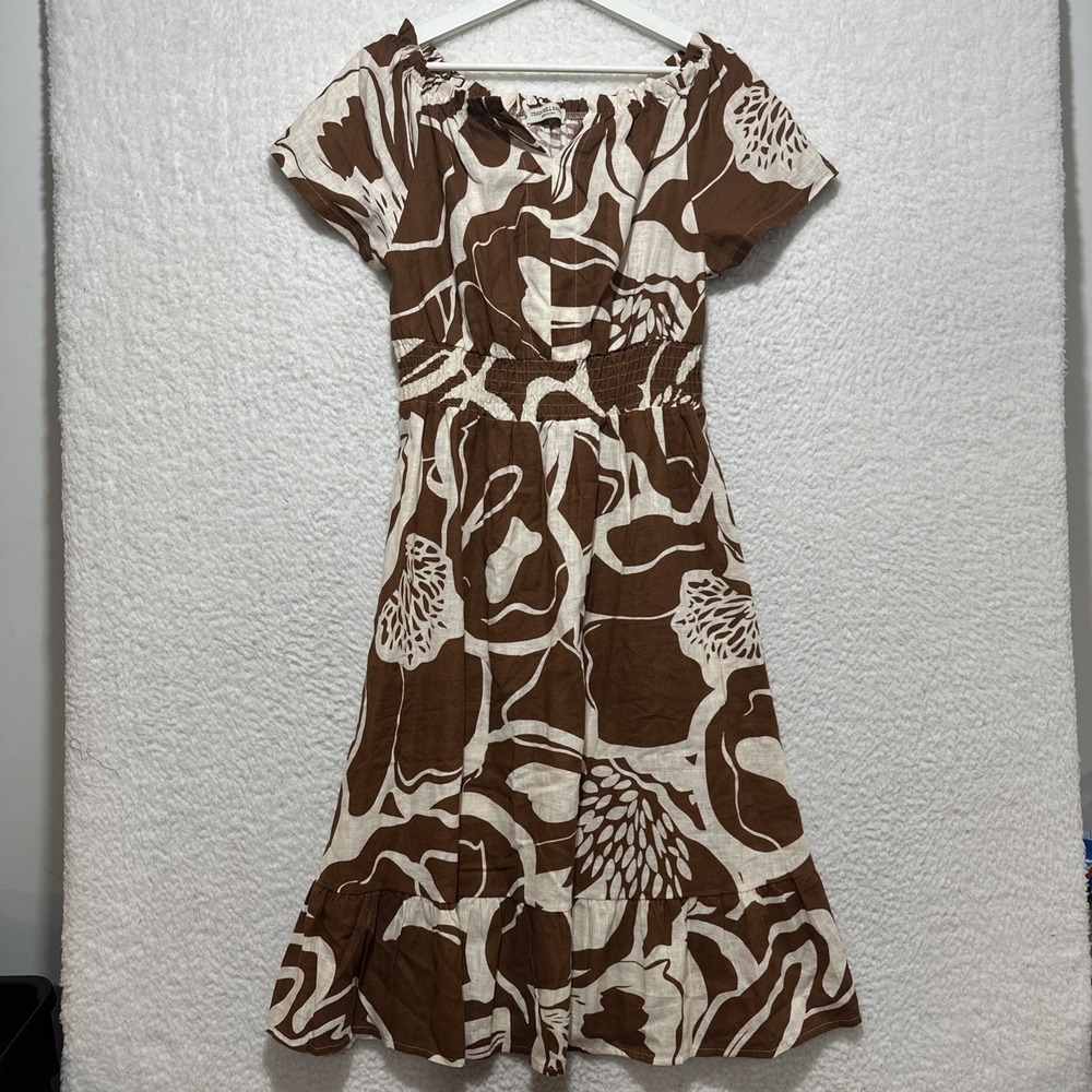 Terzo‎ Millenio Women's Dress Size L Abstract Brown Shift Split Neck Italy Made